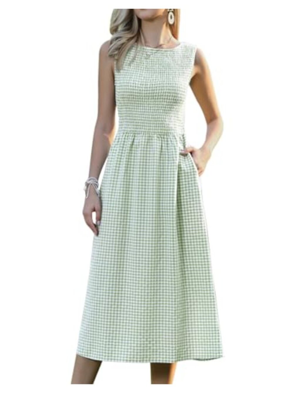 Sleeveless Smocked Midi Dress with Pockets Flowy A-Line Casual